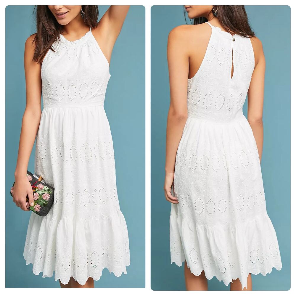 Anthropologie Maeve Womens Boho Beachy Tiered Eyelet Midi Dress‎ Size 0 White
